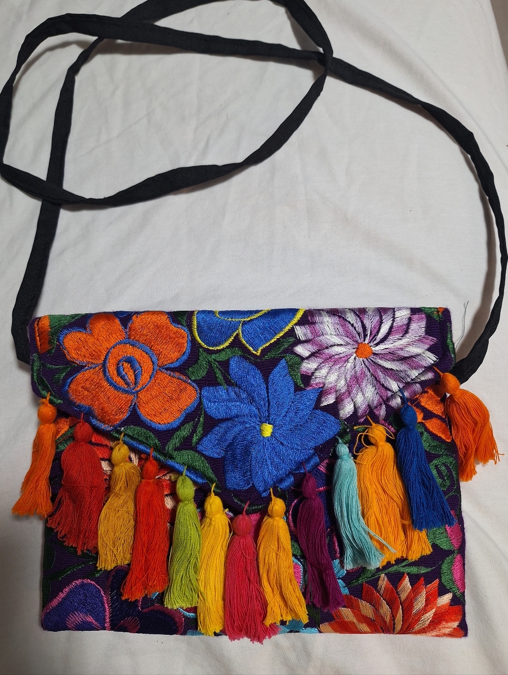 NEW Peruvian Embroidered Floral Tassel Crossbody Bag - Multicolor
